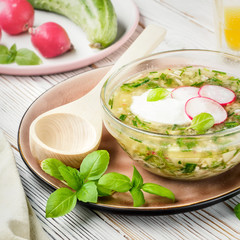Cold summer soup of okroshka from vegetables