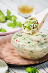 Cold summer soup of okroshka from vegetables