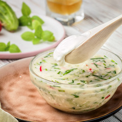 Cold summer soup of okroshka from vegetables