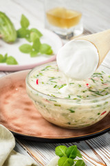 Cold summer soup of okroshka from vegetables