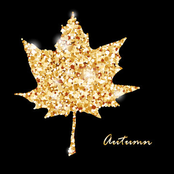 Autumn muple leaf, gold glitter vector design.