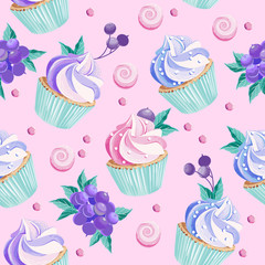 Seamless pattern with cupcakes, lollipops and berries on the pink background. Vector illustration.