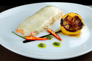 Salmon steak cream sauce.