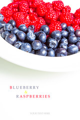 Seamless pattern with raspberry and blueberry. Tropical abstract background. Berries on the white background.