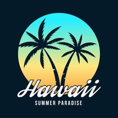 Obraz premium Hawaii typography for t-shirt print. Hawaii sunset, emblem with palm trees. T-shirt graphics. Vector