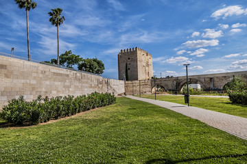 Fototapeta na wymiar View of Calahorra Tower. Tower of Calahorra - fortress of Islamic origin conceived as an entrance and protection of the Roman Bridge of Cordoba across Guadalquivir River. Cordoba, Andalusia, Spain.