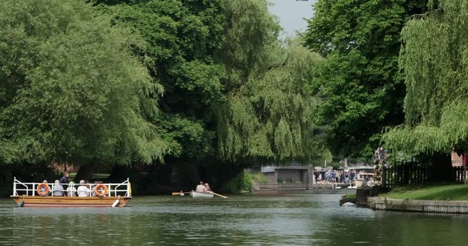 The famous Chain Ferry transporting passengers across the River Avon in the Warwickshire town of Stratford upon Avon, birthplace of playwright William Shakespeare.