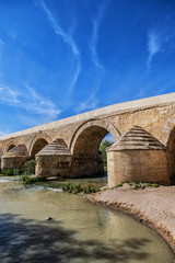 View of Roman bridge of Cordoba (1st century BC) across Guadalquivir River. Present structure of bridge dates from Moorish reconstruction in VIII century. Historic centre of Cordoba, Andalusia, Spain.