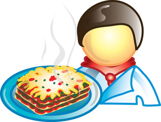 Illustration of a chef icon holding a plate of lasagna. This icon is part of the food industry icon collection.