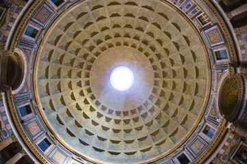 Dome and Interior view of Pantheon with fish eye lens wide angle panorama - obrazy, fototapety, plakaty