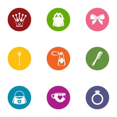 Princess icons set. Flat set of 9 princess vector icons for web isolated on white background