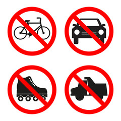 No truck, car, rollers, bicycle forbidden sign on white background.