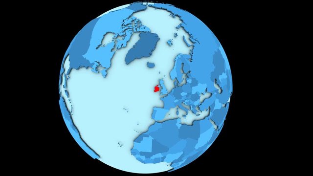 Ireland in red color on slowly rotating blue political globe. 3D animation.