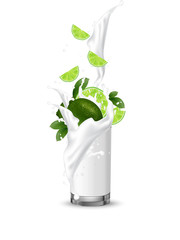 Lime lemon yellow multi fruit cocktail. Splash swirl in the realistic glass.Slices falling into the glass cup isolated on white.