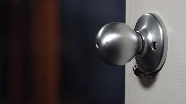 Black Widow Spider crawling under doorknob as person grabs it and pulls hand back in a hurry.