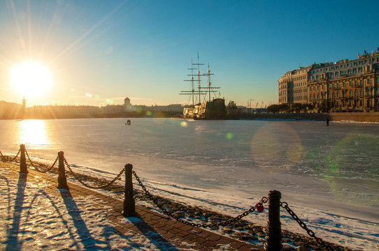 The Flying Dutchman Ship Stands On The River In The Sunset