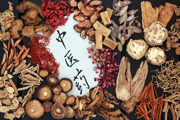 Traditional chinese herbs used in alternative medicine with calligraphy script on rice paper on...