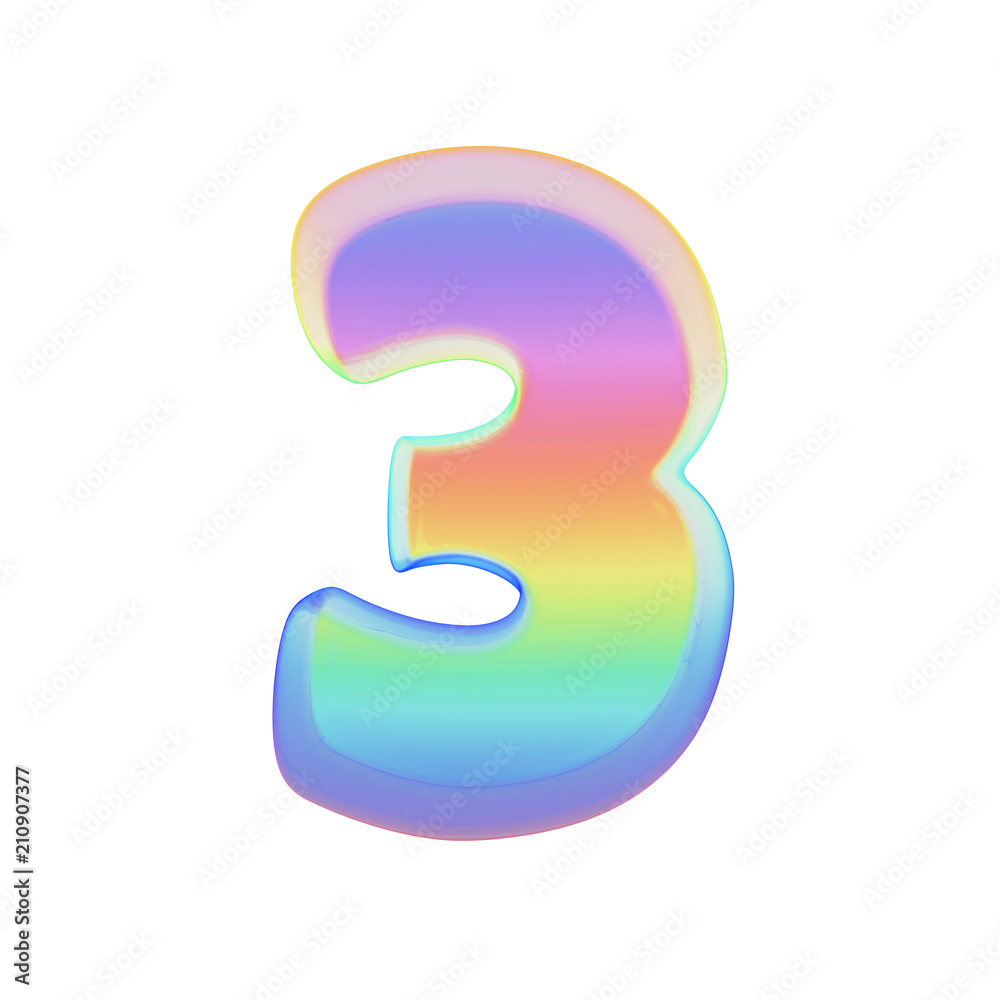Fototapete alphabet number 3. rainbow font made of bright soap bubble. 3d render isolated on white background.