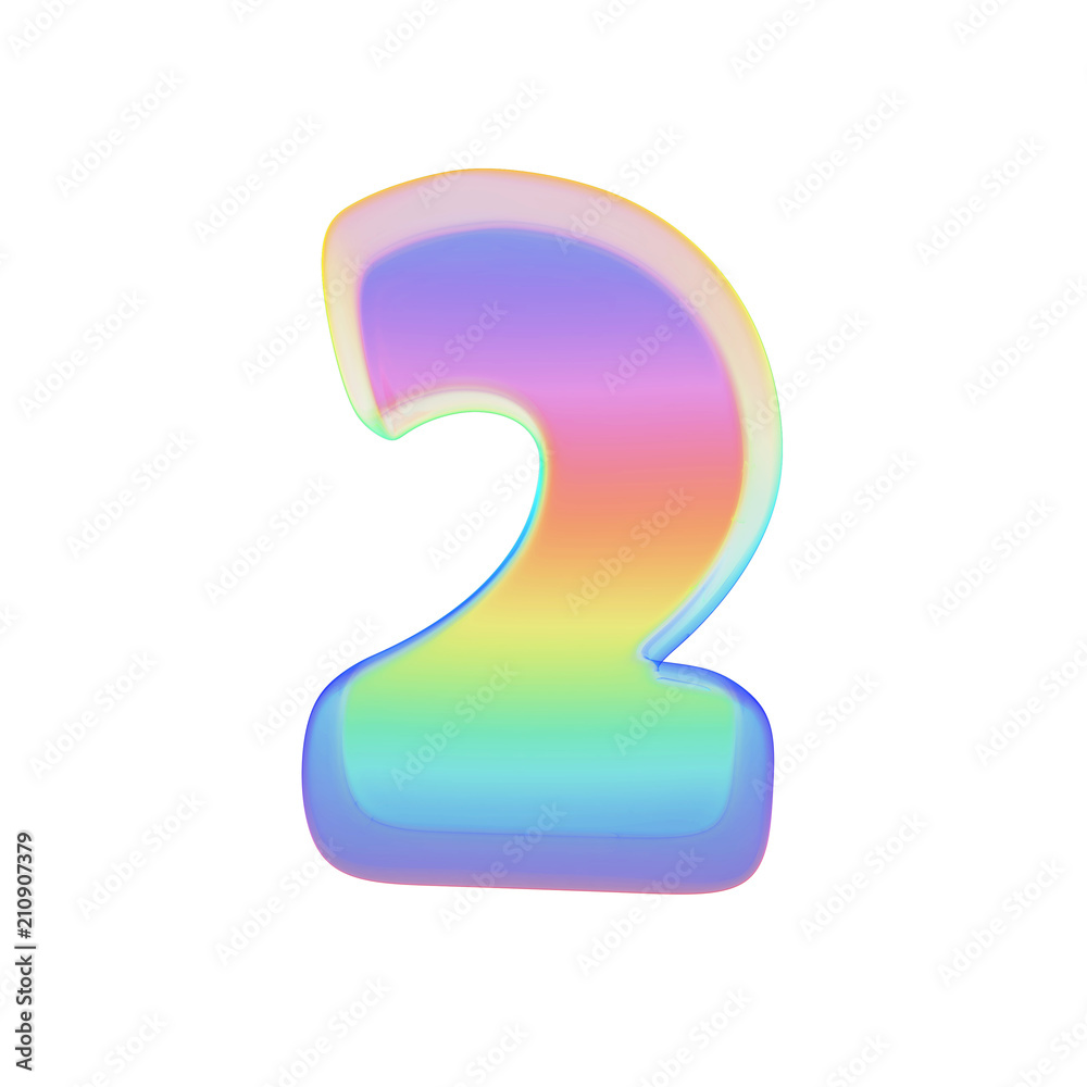 Fototapete alphabet number 2. rainbow font made of bright soap bubble. 3d render isolated on white background.