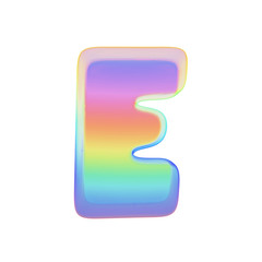 Alphabet letter E uppercase. Rainbow font made of bright soap bubble. 3D render isolated on white background.
