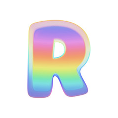Alphabet letter R uppercase. Rainbow font made of bright soap bubble. 3D render isolated on white background.