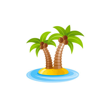 Vector illustration eps10 isolated on white background. Realistic vacation travel symbol exotic tropical design, 3d palm tree cocnut sunny island. Cartoon cute paradise Hawaii sea beach icon flat sign