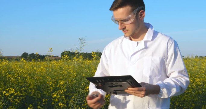 A young handsome biologist or agronomist, works in a tablet, checks yellow plants in white medical clothes, goggles, smiles, successful, field of canola, bio, biology, tests, expert.