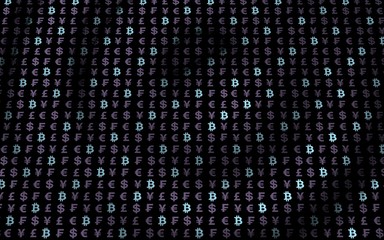 Bitcoin and currency on a dark background. Digital Cryptocurrency symbol. Wave effect, currency market fluctuations. Business concept. 3D illustration