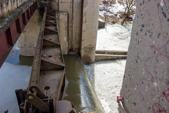 View of the reinforced concrete dam on the Protva River, Russia
