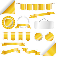 Red Ribbons, flag and labels Set isolated On White Background. Vector Illustration for your design.