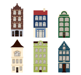 Cute retro houses exterior set. Collection of European building facades. Traditional architecture of Belgium and Netherlands. Vector icons