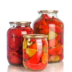 collection set of canned vegetables in glass jars isolated on white background