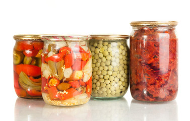 collection set of canned vegetables in glass jars isolated on white background
