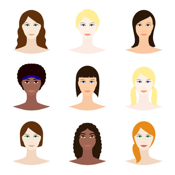 Female avatar set, woman faces icons. White and black young girls with various hair style. Female character design. Vector illustration