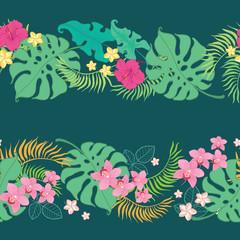 Tropical flowers seamless horizontal border. Great for summer exotic wallpaper, backgrounds, packaging, fabric, and giftwrap projects. Surface pattern design.