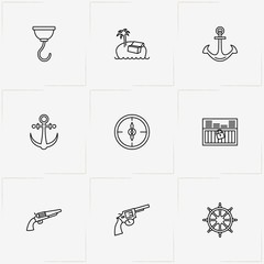 Pirate line icon set with hook, compass and revolver