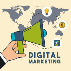 hand holding megaphone world creativity money digital marketing