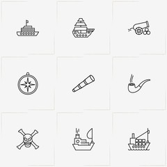Pirate line icon set with pirate sign , smoking pipe  and compass