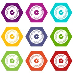 Vinyl record icons 9 set coloful isolated on white for web