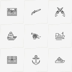 Pirate line icon set with revolver, ship and anchor