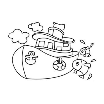 Fishing boat cartoon illustration isolated on white background for children color book