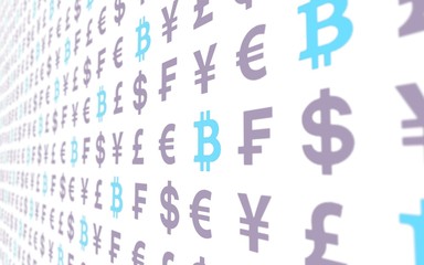Bitcoin and currency on a white background. Digital Cryptocurrency symbol. Business concept. Market Display. 3D illustration