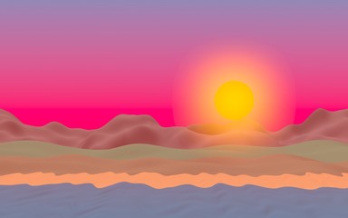 Obraz na płótnie Canvas Sun Sea Beach. Sunset. Ocean shore line with waves on a beach. Island beach paradise with waves. Vacation, summer, relaxation. Seascape, seashore. Minimalist landscape, primitivism. 3D illustration