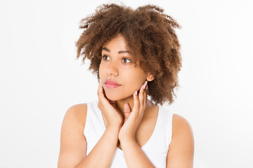 Beautiful young african american woman isolated on white background. Copy space. Mock up. Skin care, spa and make up concept. Summer time. Afro girl curly hair