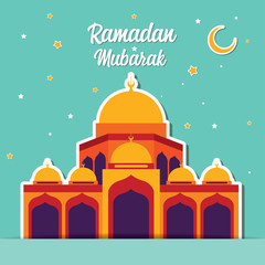 Mosque Flat Illustration. Ramadan Mubarak Greeting Card design with Mosque vector Illustration. Ramadan Mubarak Greeting Card Background. Ramadan Kareem. Flat Design.