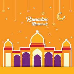 Mosque Flat Illustration. Ramadan Mubarak Greeting Card design with Mosque vector Illustration. Ramadan Mubarak Greeting Card Background. Ramadan Kareem. Flat Design.