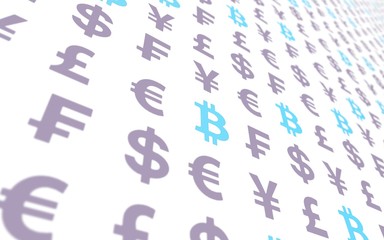 Bitcoin and currency on a white background. Digital Cryptocurrency symbol. Business concept. Market Display. 3D illustration