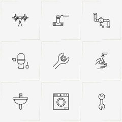 Plumbing line icon set with toilet, wrench  and pipe valve
