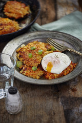 Root vegetables (parsnip, celeriac, sweet potato) pancakes with fried runny egg