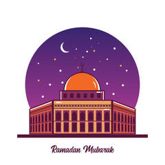 Mosque Vector Illustration. Ramadan mubarak greeting card design with mosque vector illustration. Ramadan Mubarak Greeting card background. Mosque flat illustration. Ramadan Kareem illustration.